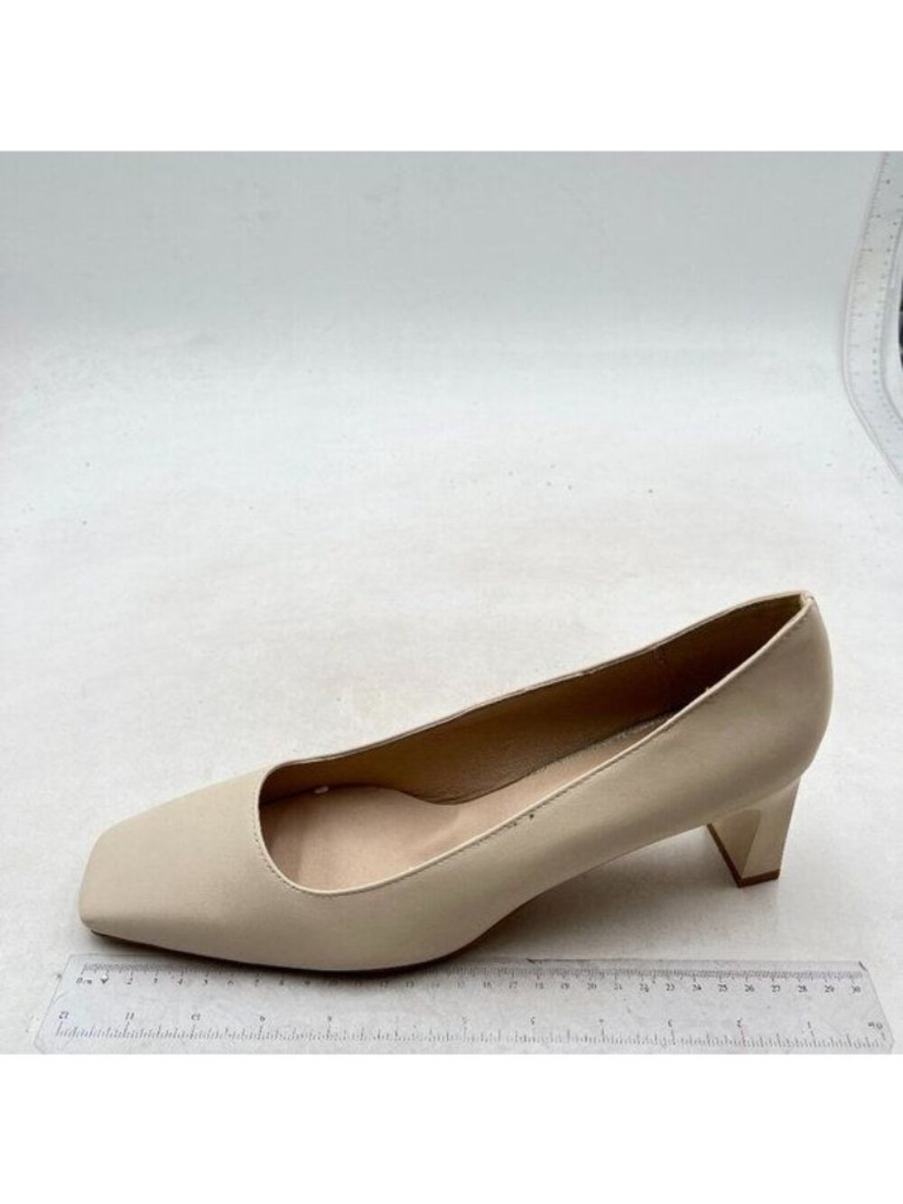 Beige Women Ballet Slip on Square Toe Chunky Heel Slide Pumps Casual Dress Shoes